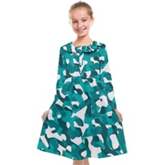 Teal And White Camouflage Pattern Kids  Midi Sailor Dress by SpinnyChairDesigns