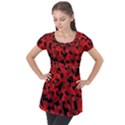 Red and Black Camouflage Pattern Puff Sleeve Tunic Top View1