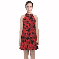 Red And Black Camouflage Pattern Velvet Halter Neckline Dress  by SpinnyChairDesigns