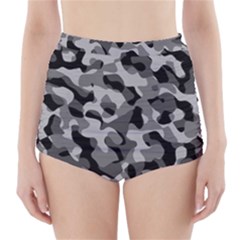 Grey And Black Camouflage Pattern High-waisted Bikini Bottoms by SpinnyChairDesigns