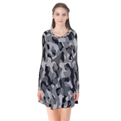 Grey And Black Camouflage Pattern Long Sleeve V-neck Flare Dress by SpinnyChairDesigns