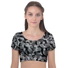 Grey And Black Camouflage Pattern Velvet Short Sleeve Crop Top  by SpinnyChairDesigns