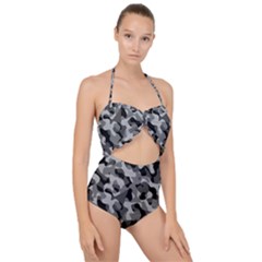 Grey And Black Camouflage Pattern Scallop Top Cut Out Swimsuit by SpinnyChairDesigns