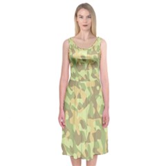 Light Green Brown Yellow Camouflage Pattern Midi Sleeveless Dress by SpinnyChairDesigns