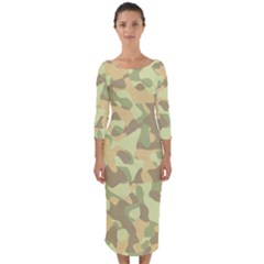 Light Green Brown Yellow Camouflage Pattern Quarter Sleeve Midi Bodycon Dress by SpinnyChairDesigns