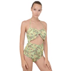 Light Green Brown Yellow Camouflage Pattern Scallop Top Cut Out Swimsuit by SpinnyChairDesigns