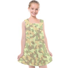 Light Green Brown Yellow Camouflage Pattern Kids  Cross Back Dress by SpinnyChairDesigns