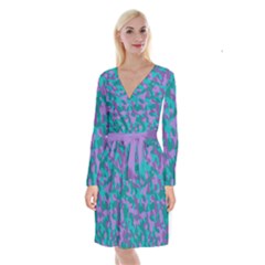 Purple And Teal Camouflage Pattern Long Sleeve Velvet Front Wrap Dress by SpinnyChairDesigns