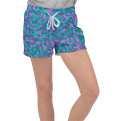 Purple And Teal Camouflage Pattern Velour Lounge Shorts by SpinnyChairDesigns