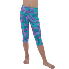 Purple And Teal Camouflage Pattern Kids  Lightweight Velour Capri Leggings  by SpinnyChairDesigns