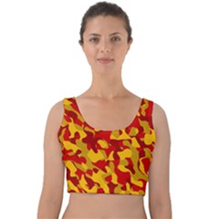 Red And Yellow Camouflage Pattern Velvet Crop Top by SpinnyChairDesigns