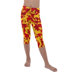 Red And Yellow Camouflage Pattern Kids  Lightweight Velour Capri Leggings  by SpinnyChairDesigns