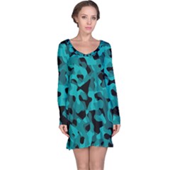 Black And Teal Camouflage Pattern Long Sleeve Nightdress by SpinnyChairDesigns