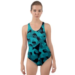 Black And Teal Camouflage Pattern Cut-out Back One Piece Swimsuit by SpinnyChairDesigns