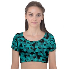 Black And Teal Camouflage Pattern Velvet Short Sleeve Crop Top  by SpinnyChairDesigns