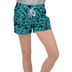 Black And Teal Camouflage Pattern Velour Lounge Shorts by SpinnyChairDesigns