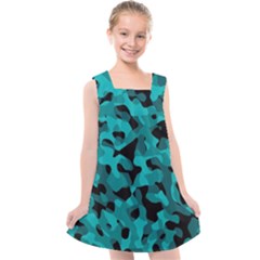 Black And Teal Camouflage Pattern Kids  Cross Back Dress by SpinnyChairDesigns