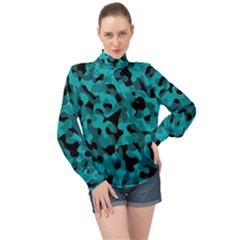 Black And Teal Camouflage Pattern High Neck Long Sleeve Chiffon Top by SpinnyChairDesigns