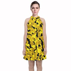 Black And Yellow Camouflage Pattern Velvet Halter Neckline Dress  by SpinnyChairDesigns