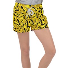 Black And Yellow Camouflage Pattern Velour Lounge Shorts by SpinnyChairDesigns