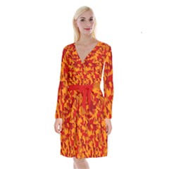 Red And Orange Camouflage Pattern Long Sleeve Velvet Front Wrap Dress by SpinnyChairDesigns