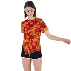 Red And Orange Camouflage Pattern Asymmetrical Short Sleeve Sports Tee by SpinnyChairDesigns