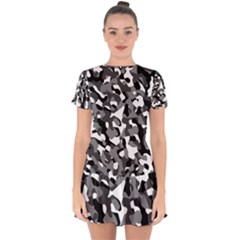 Black And White Camouflage Pattern Drop Hem Mini Chiffon Dress by SpinnyChairDesigns