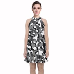 Black And White Camouflage Pattern Velvet Halter Neckline Dress  by SpinnyChairDesigns