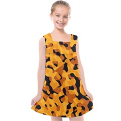 Orange And Black Camouflage Pattern Kids  Cross Back Dress by SpinnyChairDesigns