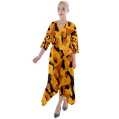 Orange And Black Camouflage Pattern Quarter Sleeve Wrap Front Maxi Dress by SpinnyChairDesigns