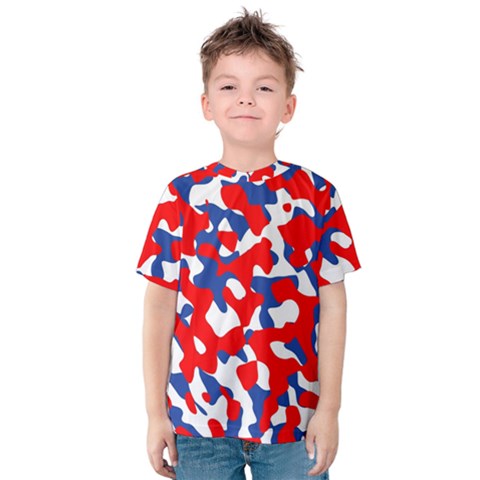 Red White Blue Camouflage Pattern Kids  Cotton Tee by SpinnyChairDesigns