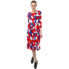 Red White Blue Camouflage Pattern Ruffle End Midi Chiffon Dress by SpinnyChairDesigns