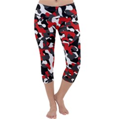 Black Red White Camouflage Pattern Capri Yoga Leggings by SpinnyChairDesigns