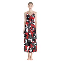 Black Red White Camouflage Pattern Button Up Chiffon Maxi Dress by SpinnyChairDesigns