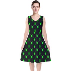 Neon Green Bug Insect Heads On Black V-neck Midi Sleeveless Dress  by SpinnyChairDesigns