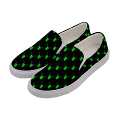 Neon Green Bug Insect Heads On Black Women s Canvas Slip Ons by SpinnyChairDesigns