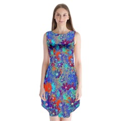 Cosmos Flowers Blue Red Sleeveless Chiffon Dress   by DinkovaArt