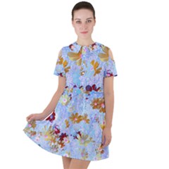 Cosmos Flowers Ligh Blue Short Sleeve Shoulder Cut Out Dress  by DinkovaArt