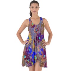 Cosmos Flowers Brown Blue Show Some Back Chiffon Dress by DinkovaArt