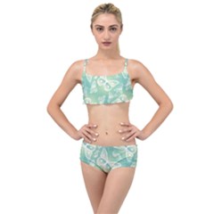 Turquoise Light Green Butterfly Pattern Layered Top Bikini Set by SpinnyChairDesigns