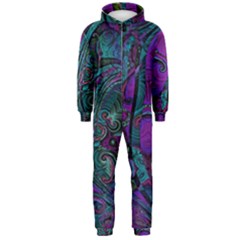 Purple Teal Abstract Jungle Print Pattern Hooded Jumpsuit (men)  by SpinnyChairDesigns