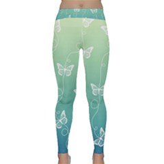 White Butterflies On Blue And Light Green Classic Yoga Leggings by SpinnyChairDesigns