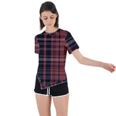 Black And Red Striped Plaid Asymmetrical Short Sleeve Sports Tee by SpinnyChairDesigns