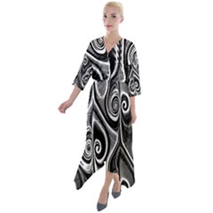 Abstract Black And White Swirls Spirals Quarter Sleeve Wrap Front Maxi Dress by SpinnyChairDesigns