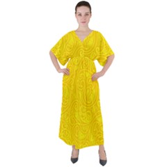 Bright Yellow Gold Paisley Pattern V-neck Boho Style Maxi Dress by SpinnyChairDesigns