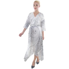 White Silver Swirls Pattern Quarter Sleeve Wrap Front Maxi Dress by SpinnyChairDesigns