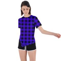 Dark Blue Black Buffalo Plaid Asymmetrical Short Sleeve Sports Tee by SpinnyChairDesigns