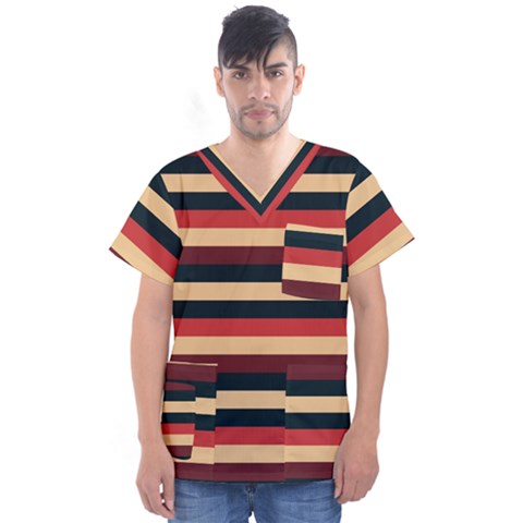 Seventies Stripes Men s V-neck Scrub Top by tmsartbazaar