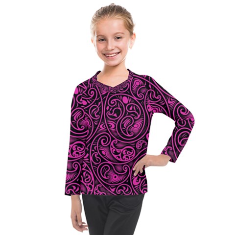 Hot Pink And Black Paisley Swirls Kids  Long Mesh Tee by SpinnyChairDesigns