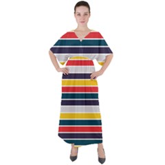 Horizontal Colored Stripes V-neck Boho Style Maxi Dress by tmsartbazaar